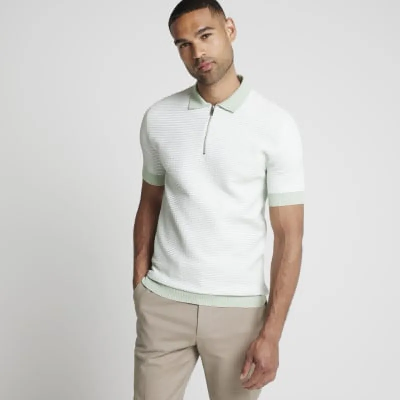 Green muscle fit knit grid half zip polo sold by River Island
