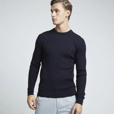 Navy muscle fit cable knit jumper sold by River Island