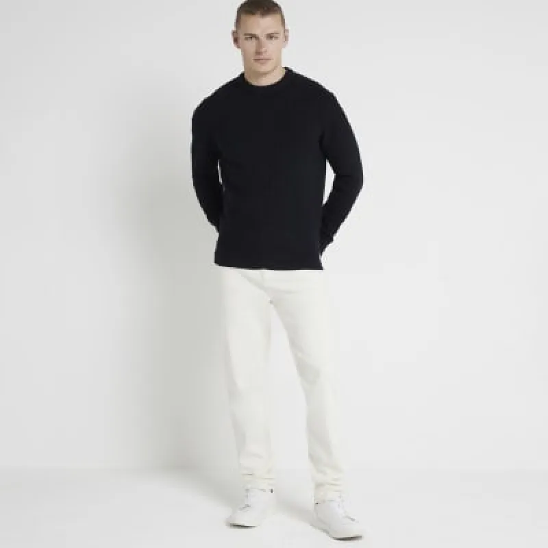 Black slim fit waffle textured crew jumper sold by River Island