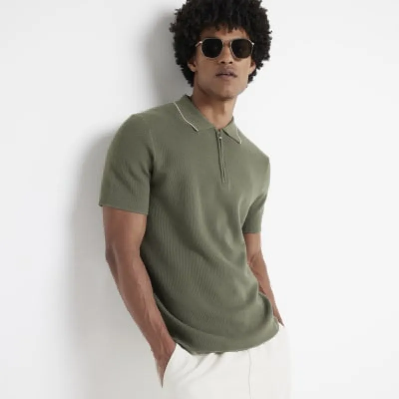 Khaki slim fit textured polo t-shirt sold by River Island