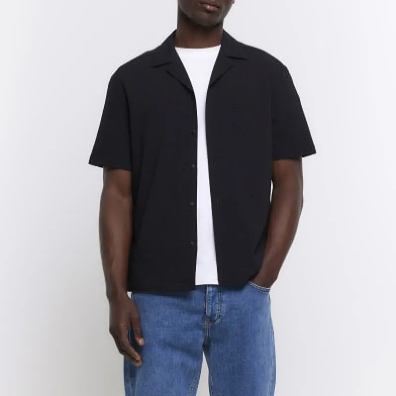 Black Regular Fit Seersucker Revere Shirt sold by River Island