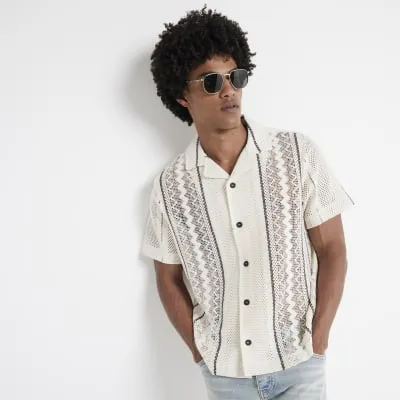 White regular fit crochet stripe revere shirt sold by River Island