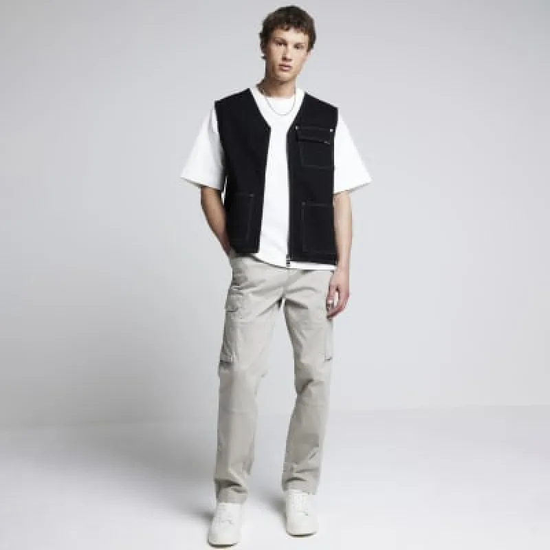 Black regular fit denim utility gilet sold by River Island