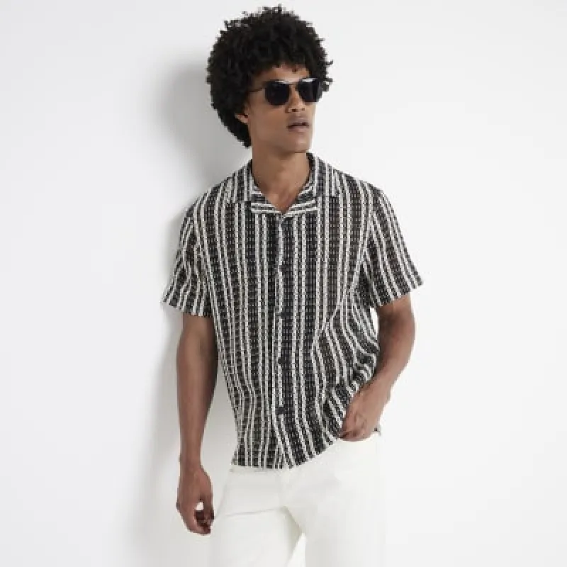 Black regular fit crochet stripe revere shirt sold by River Island