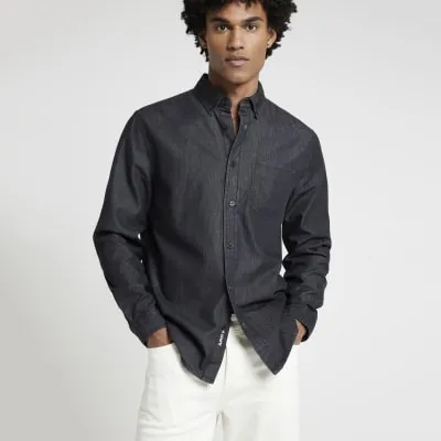 Black regular fit lightweight denim shirt sold by River Island
