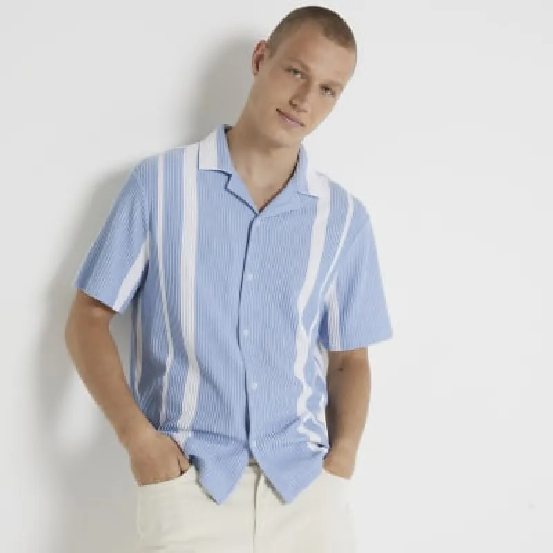 Blue Regular Fit Ribbed Stripe Shirt sold by River Island