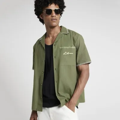Khaki regular fit stitched revere shirt sold by River Island