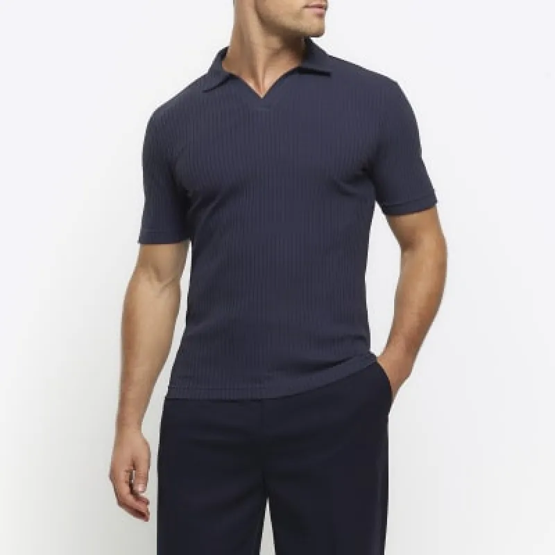 Navy muscle fit rib open collar polo sold by River Island