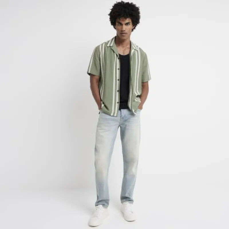 Green regular fit stripe revere shirt sold by River Island