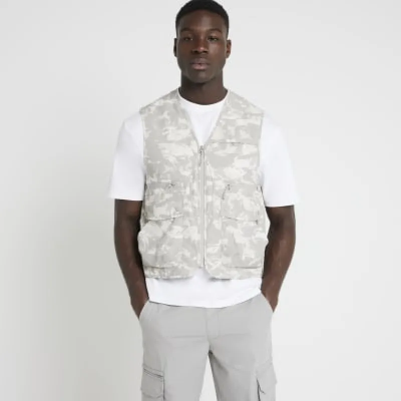 Grey regular fit camo utility gilet sold by River Island
