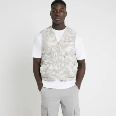 Grey regular fit camo utility gilet sold by River Island