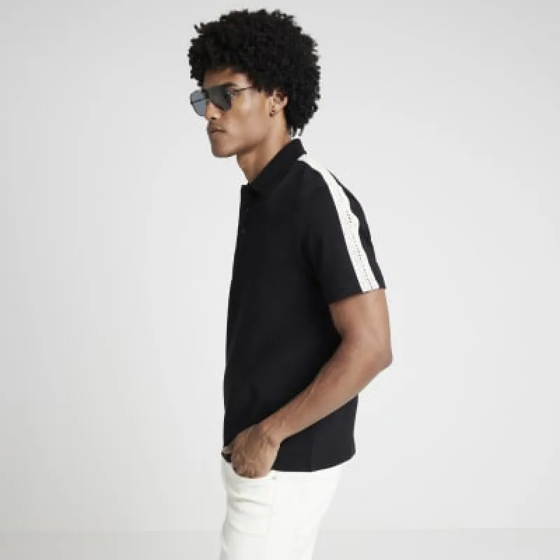 Black regular fit crochet tape polo t-shirt sold by River Island