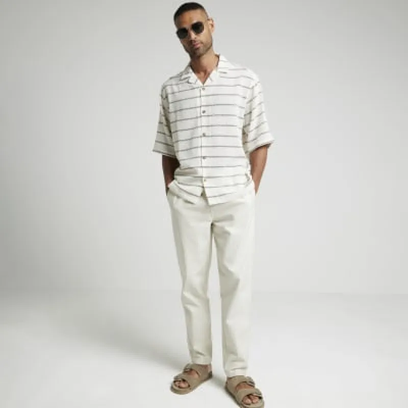 Beige oversized crochet stripe revere shirt sold by River Island