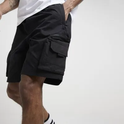 Black regular fit ripstop cargo shorts sold by River Island