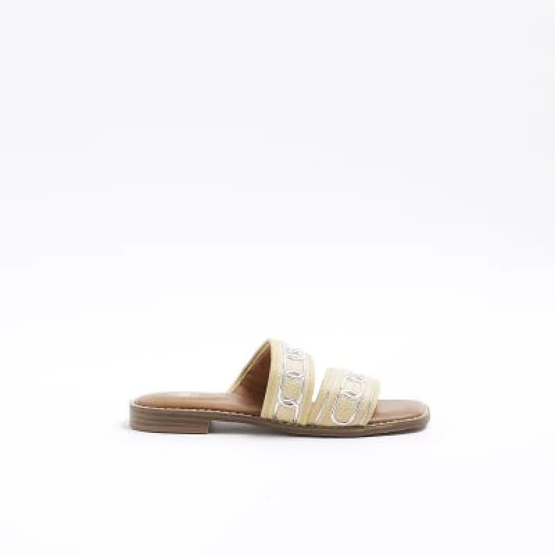Beige jacquard strap flat sandals sold by River Island