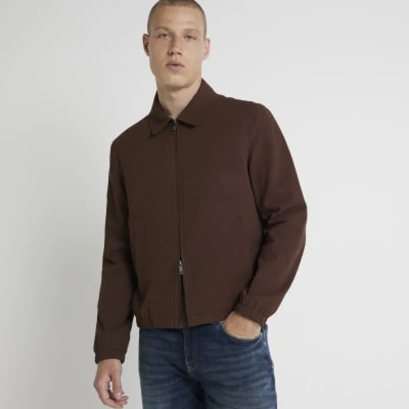 Brown regular fit seersucker zip jacket sold by River Island