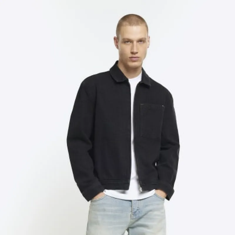 Black regular fit zip up denim jacket sold by River Island