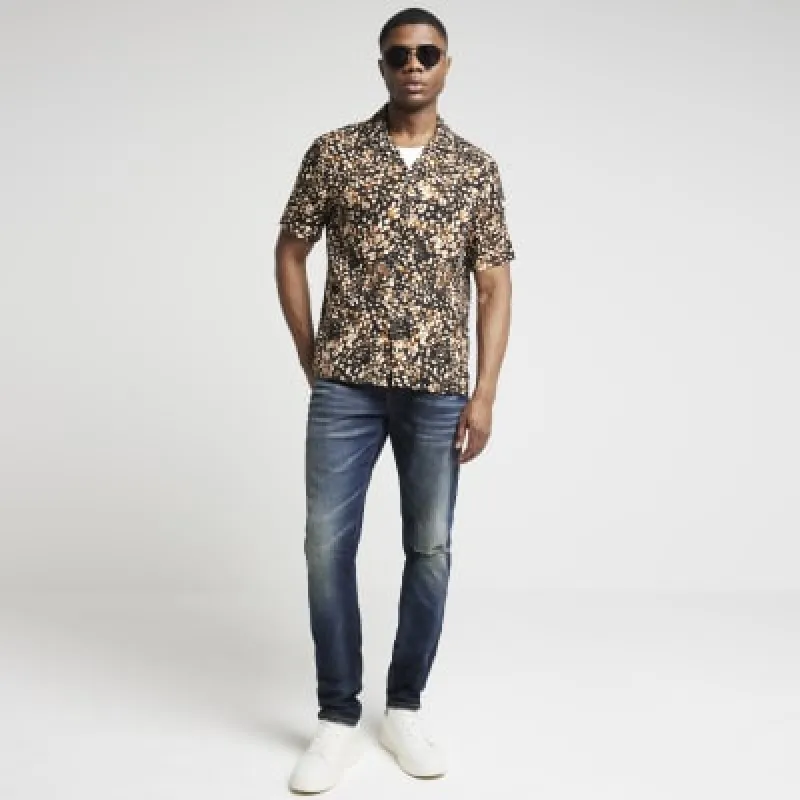 Black regular fit leopard print revere shirt sold by River Island
