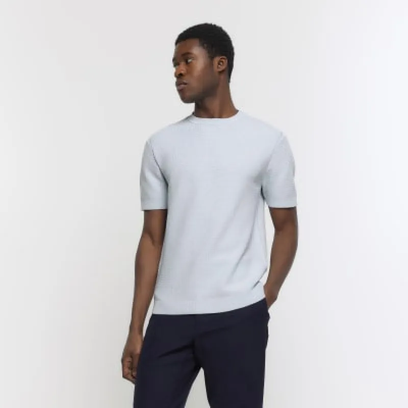 Blue slim fit textured knit t-shirt sold by River Island