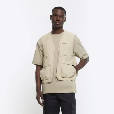 Stone regular fit utility gilet sold by River Island