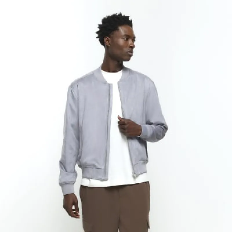 Blue regular fit suedette bomber jacket sold by River Island
