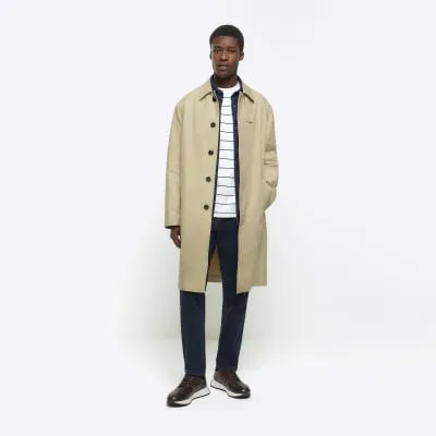Stone regular fit longline trench coat sold by River Island