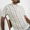 Beige slim fit knit stripe half zip polo sold by River Island