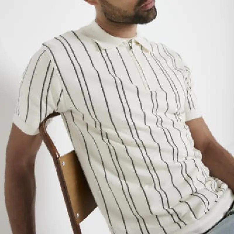 Beige slim fit knit stripe half zip polo sold by River Island