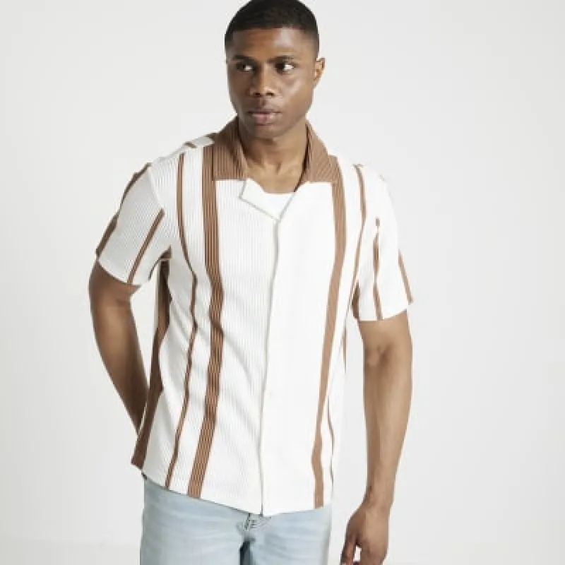 Brown regular fit stripe revere shirt sold by River Island