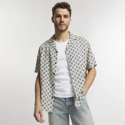 Beige regular fit geometric revere shirt sold by River Island