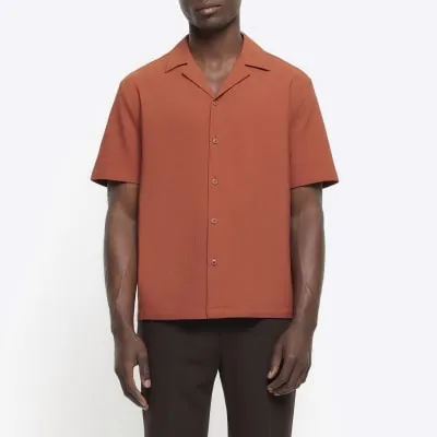 Red regular fit seersucker revere shirt sold by River Island