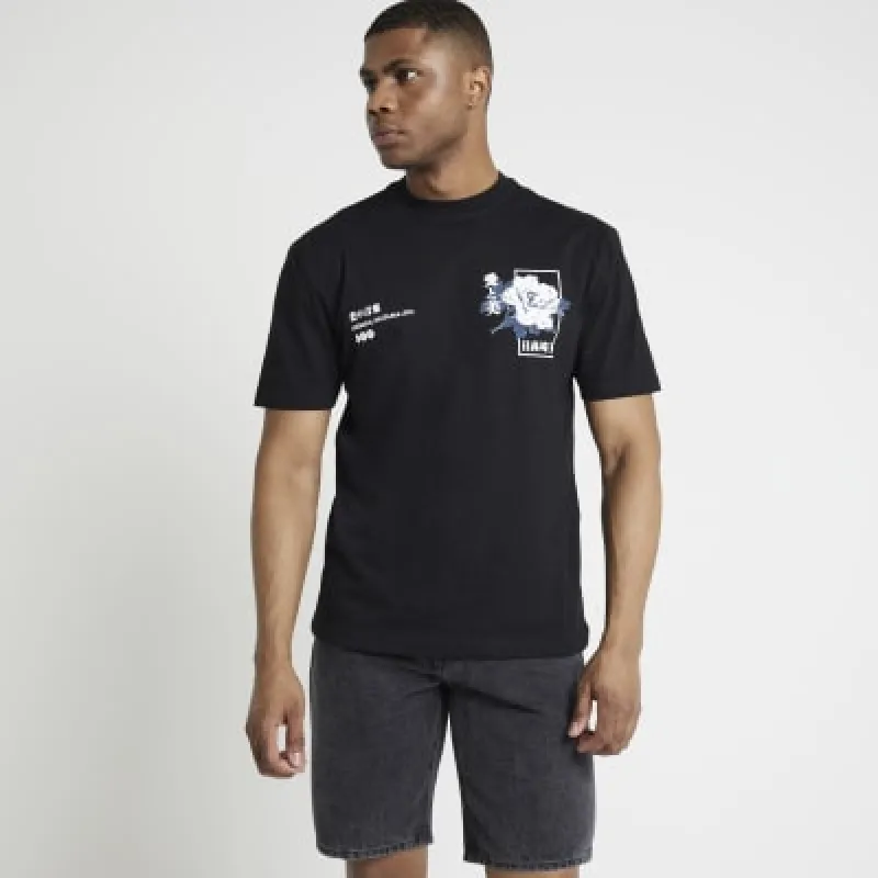 Black regular fit japanese graphic t-shirt sold by River Island