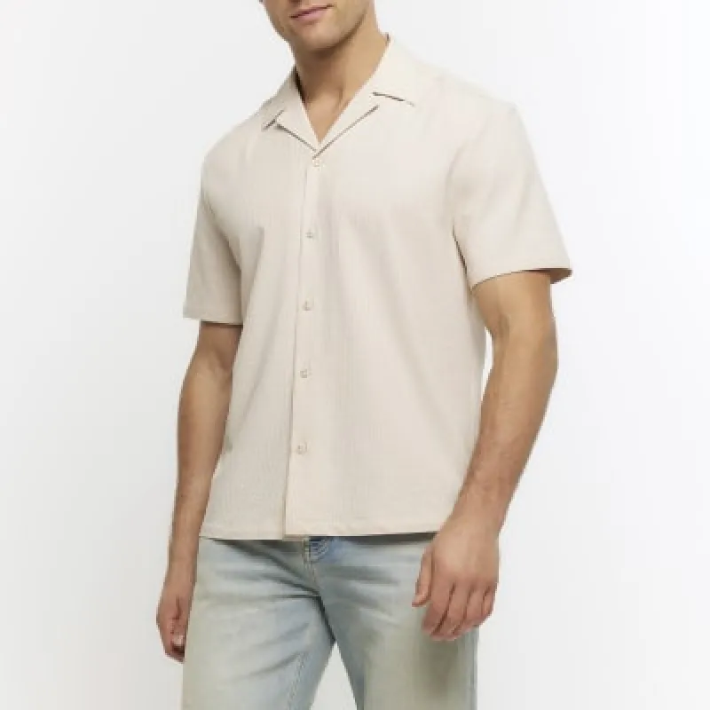 Stone regular fit seersucker revere shirt sold by River Island