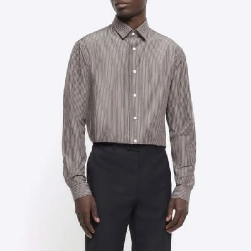 Grey regular fit stripe long sleeve shirt sold by River Island