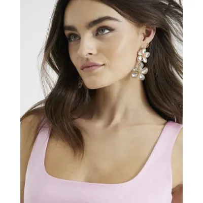 Gold Crystal Flower Double Dropper Earrings sold by River Island