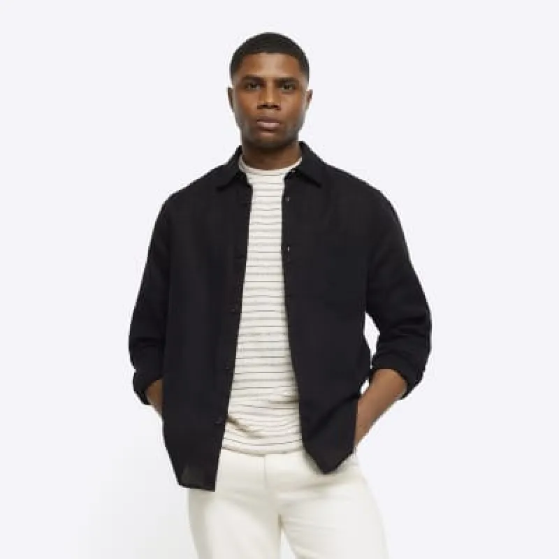 Black regular fit linen blend shirt sold by River Island