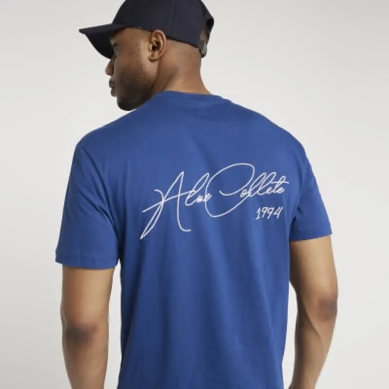 Blue regular fit script graphic t-shirt sold by River Island
