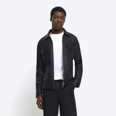 Black regular fit faux leather western jacket sold by River Island