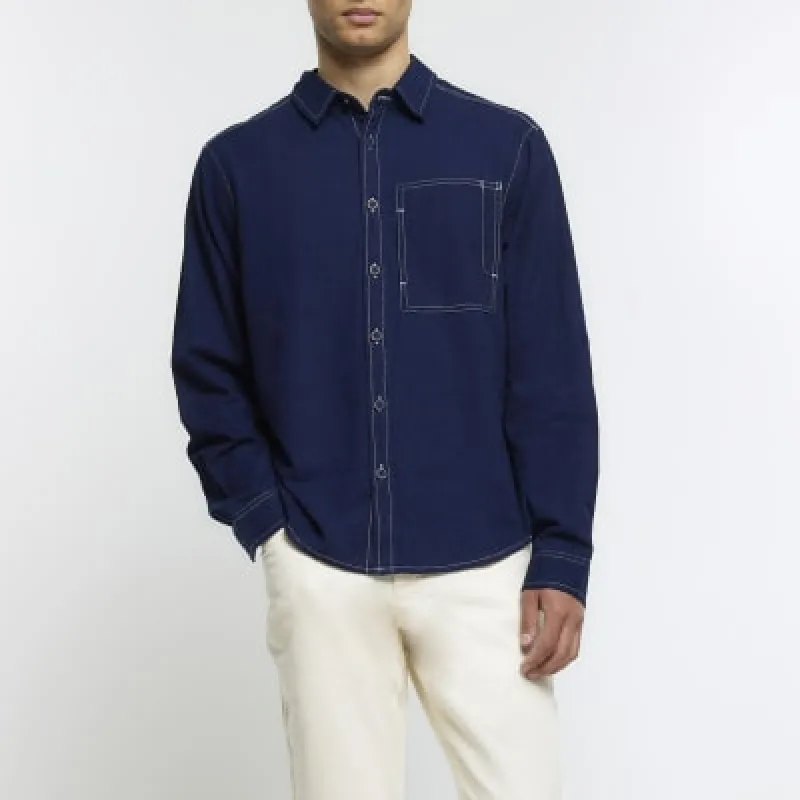 Navy regular fit stitch detail shirt sold by River Island