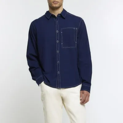 Navy regular fit stitch detail shirt sold by River Island