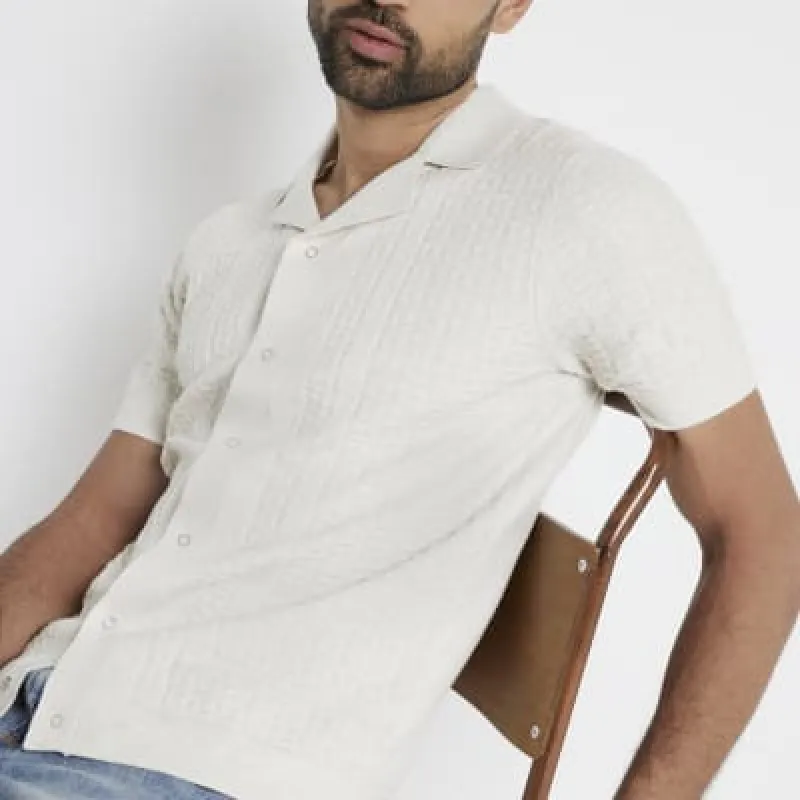 Beige slim fit revere knitted shirt sold by River Island