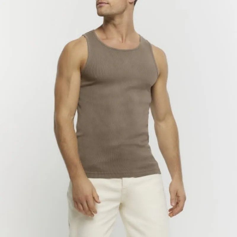 Washed khaki muscle fit rib vest sold by River Island