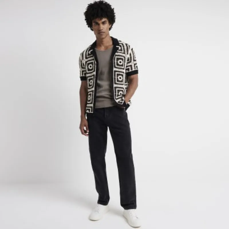 Black slim fit crochet short sleeve shirt sold by River Island