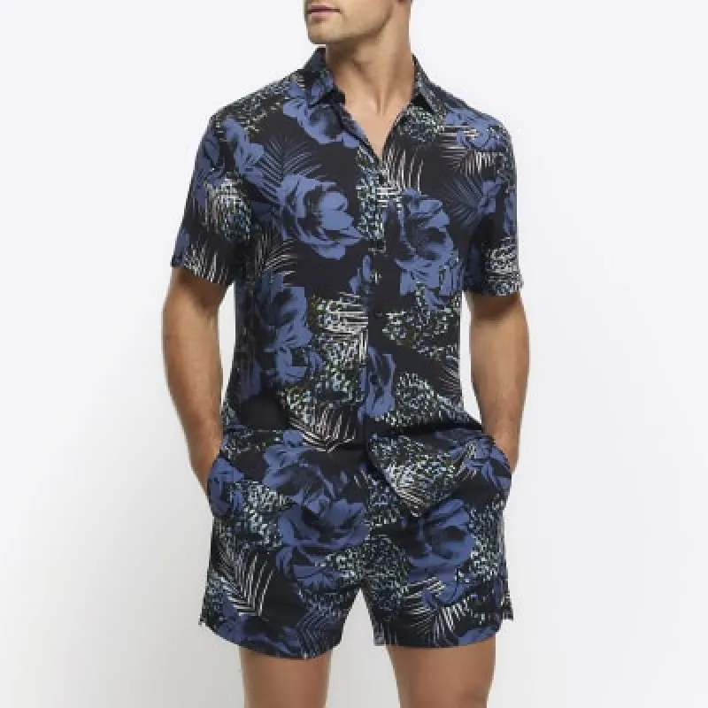 Blue regular fit floral short sleeve shirt sold by River Island