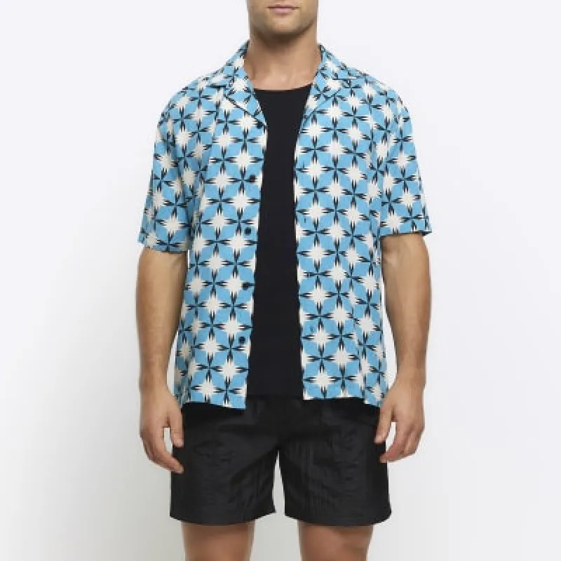 Blue regular fit geometric print revere shirt sold by River Island