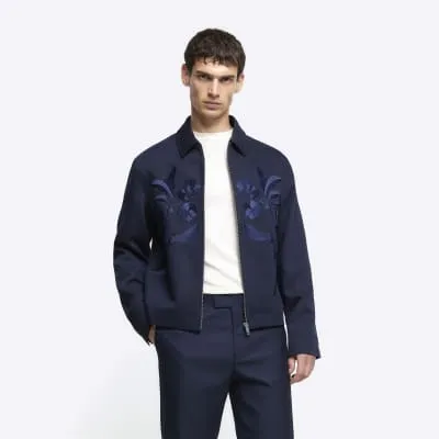 Navy regular fit embroidered floral jacket sold by River Island