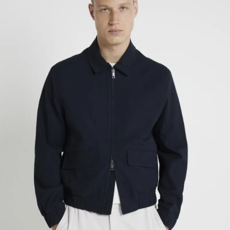Navy regular fit seersucker zip jacket sold by River Island