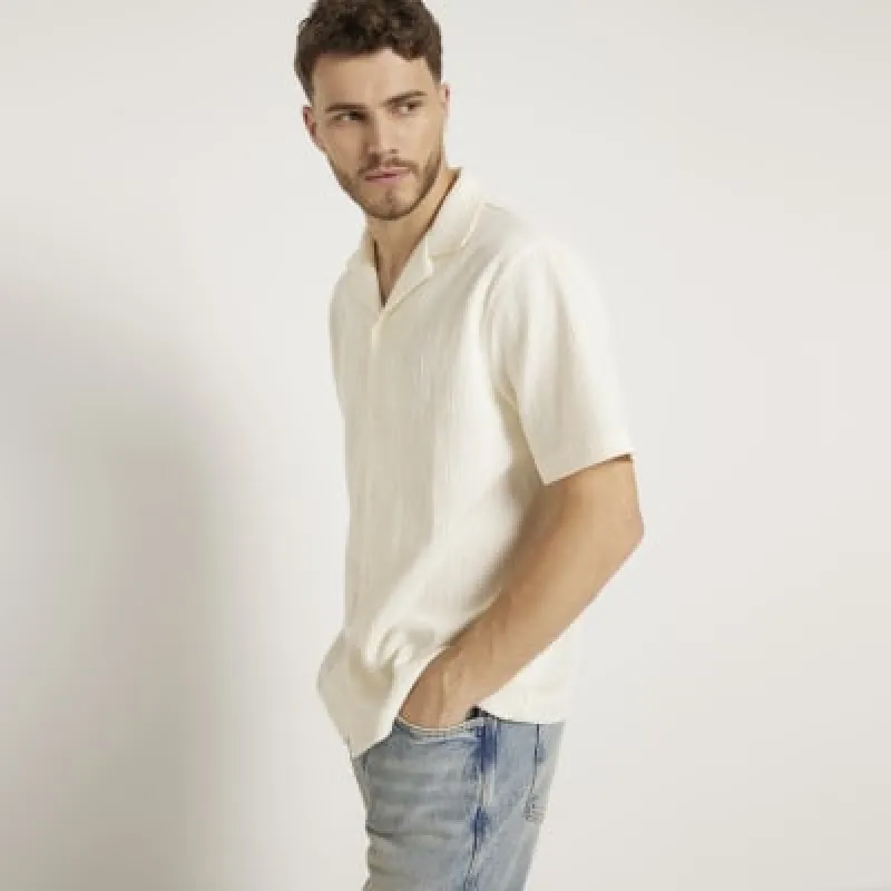 Beige regular fit revere plisse shirt sold by River Island