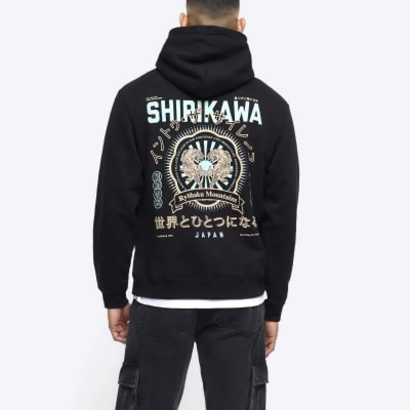 Black regular fit tiger graphic hoodie sold by River Island