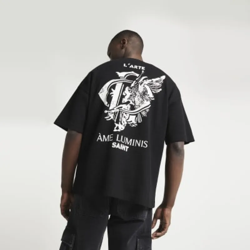 Black regular fit ribbed graphic t-shirt sold by River Island